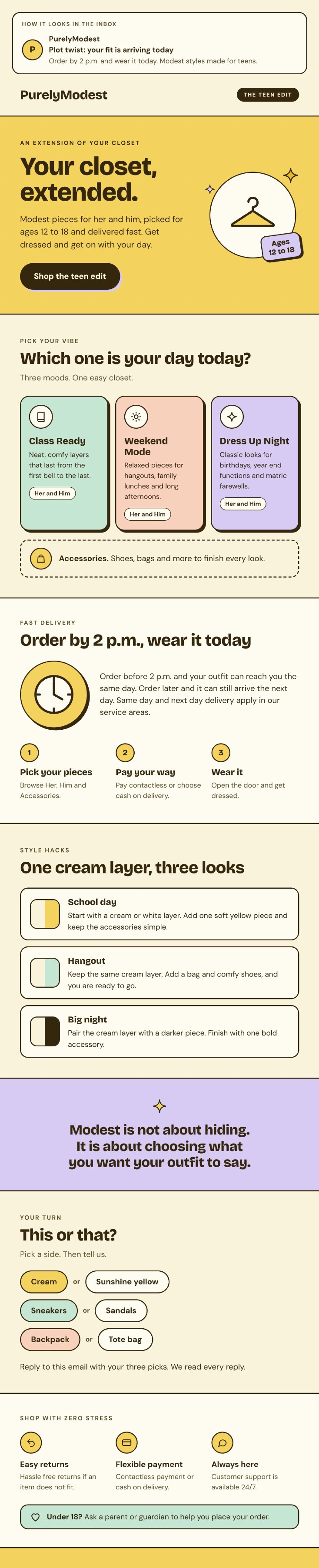 The PurelyModest teen newsletter: an inbox preview, a hero with the slogan and an Ages 12 to 18 sticker, pick your vibe with Class Ready, Weekend Mode and Dress Up Night plus Accessories, fast delivery in three steps, style hacks, a this or that reply game, zero-stress shopping with a note for under 18s, and a closing call to action with a footer.
