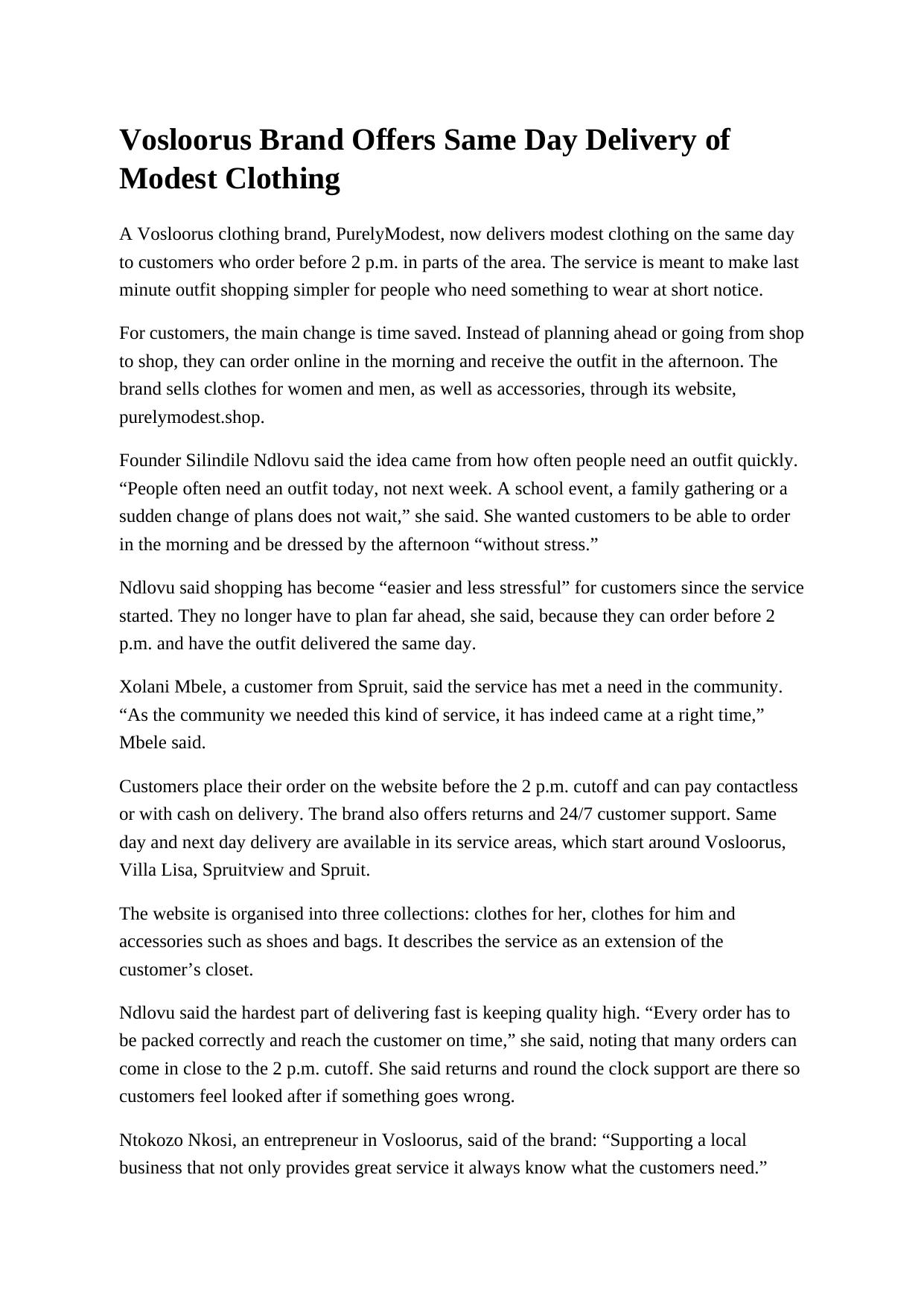 Page one of the PurelyModest news article: Vosloorus Brand Offers Same Day Delivery of Modest Clothing, with the lead, the founder's quotes and customer comments.