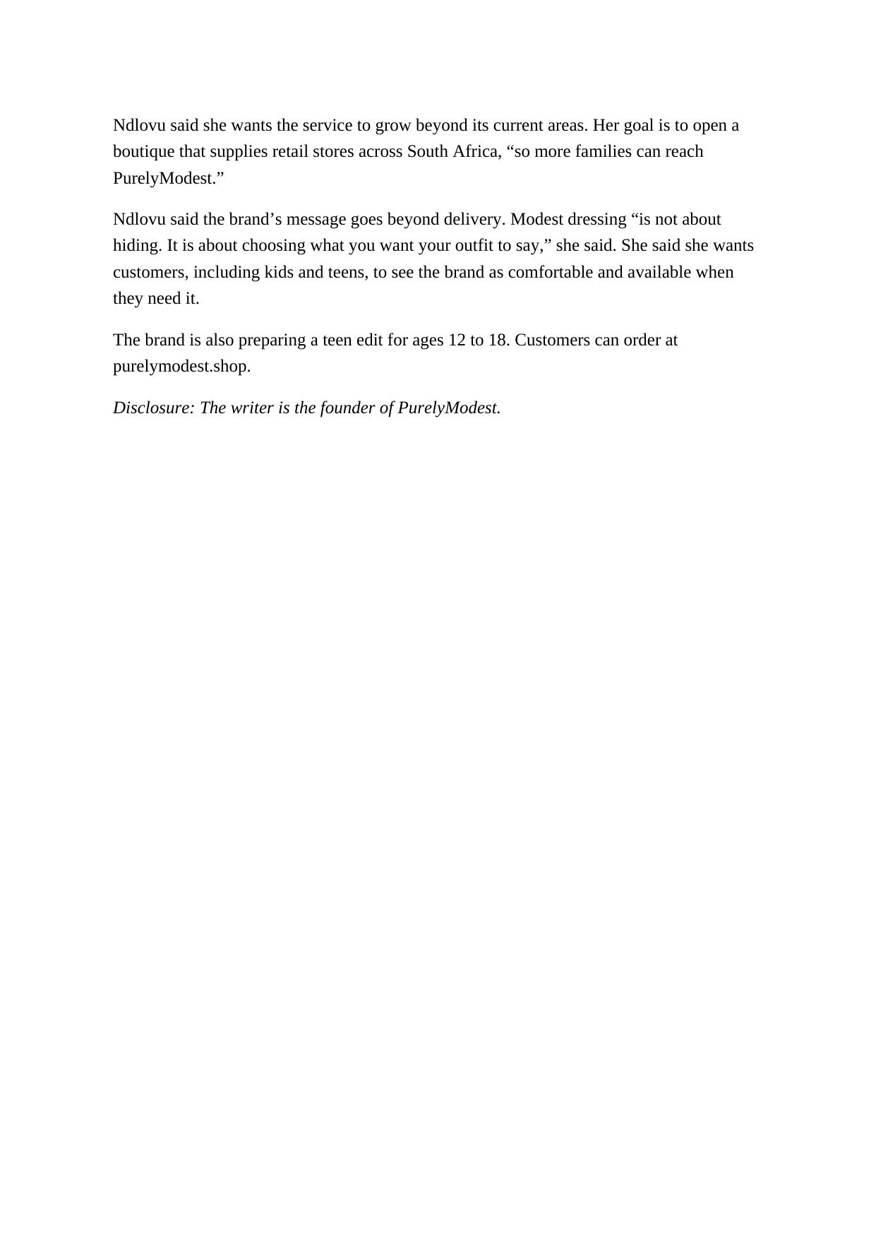 Page two of the PurelyModest news article: the founder's growth plans, the brand's message on modest dressing, the teen edit, and the disclosure note.